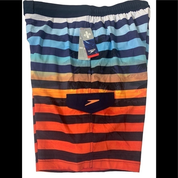 🌸 2/$25 NWT Speedo Ombré Navy Stripe Swim Trunks Lined Palm Tree Silhouette red - Picture 3 of 8